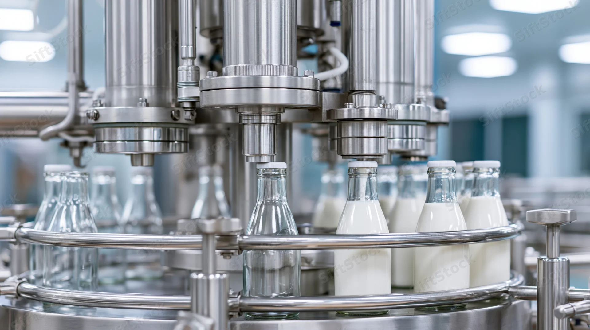 Automated machine filling glass bottles with milk on a rotary conveyor in a dairy factory