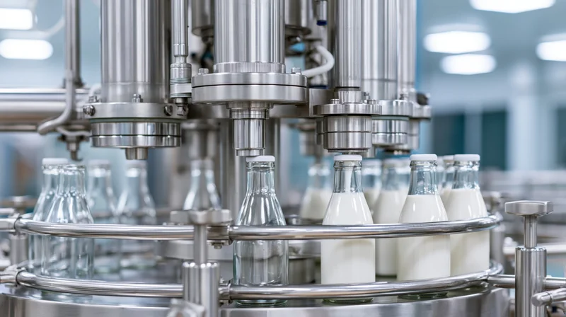 Automated machine filling glass bottles with milk on a rotary conveyor in a dairy factory