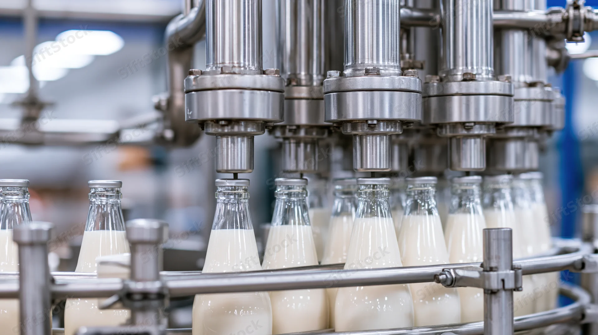 Automated machine filling glass bottles with milk on a conveyor in a dairy factory