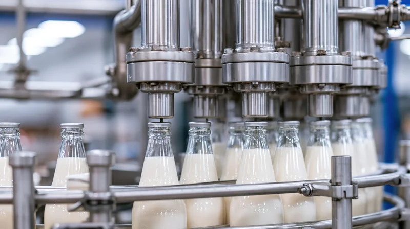 Automated machine filling glass bottles with milk on a conveyor in a dairy factory
