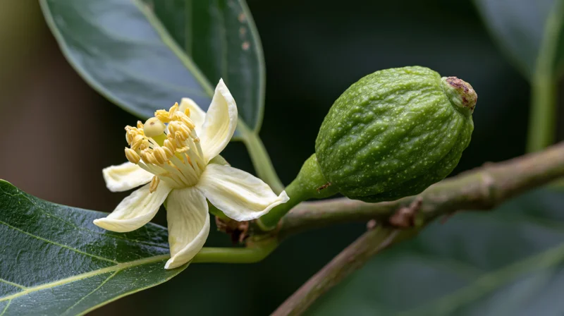 Avocado flower and small green fruit on a branch with leaves