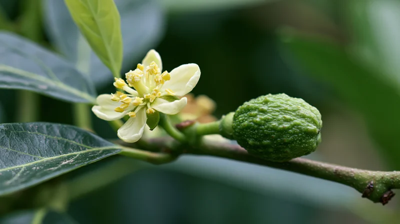 Avocado flower and small fruit on a branch with green leaves