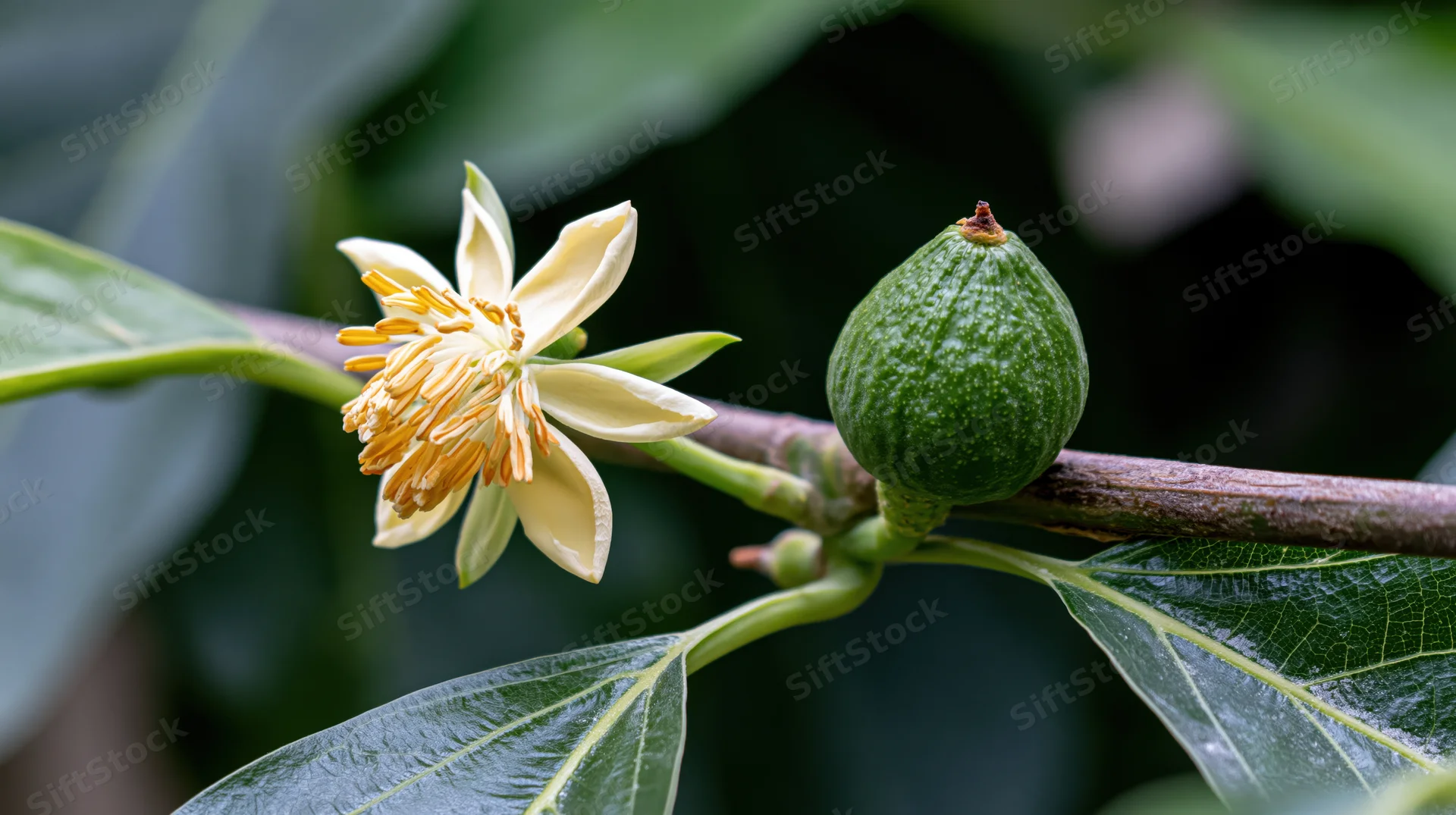 Avocado tree branch with open flower and small green fruit among leaves