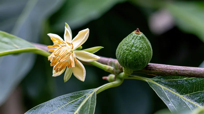 Avocado tree branch with open flower and small green fruit among leaves