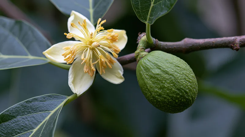 Avocado fruit and open flower on a tree branch with green leaves