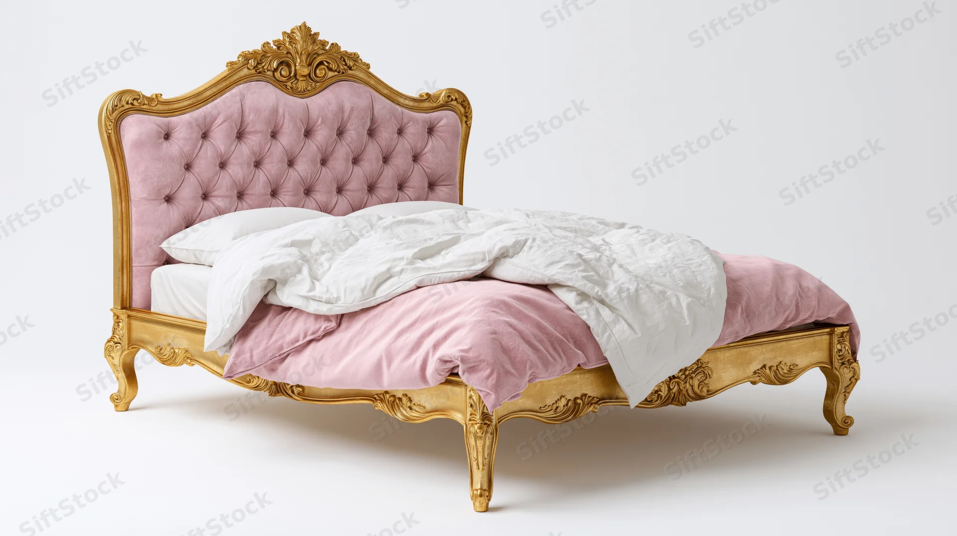 Baroque-style king bed with tufted dusty pink velvet headboard and golden carved frame, isolated on white background