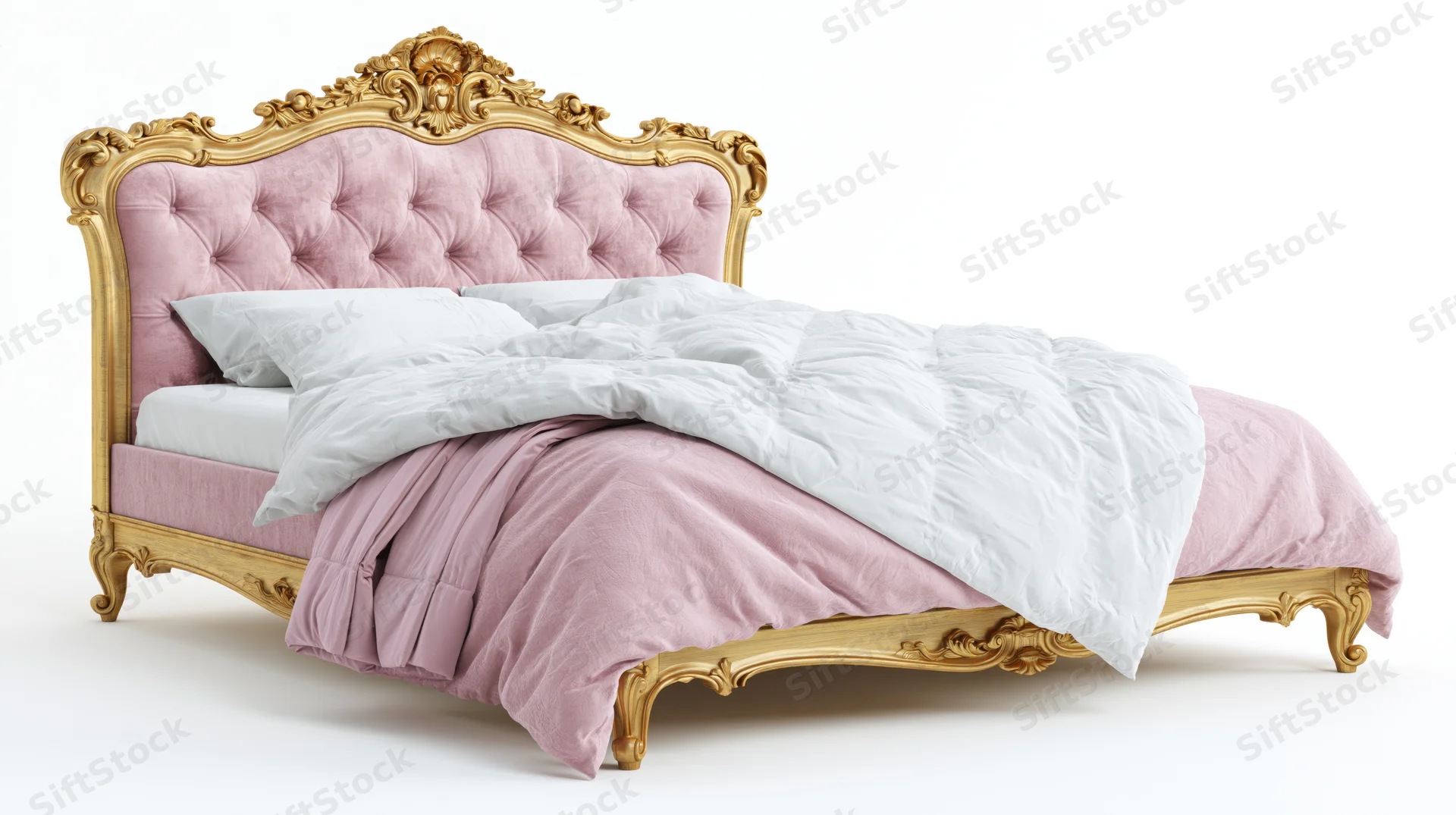 Baroque-style king bed with tufted dusty pink velvet headboard and gold frame, isolated on white