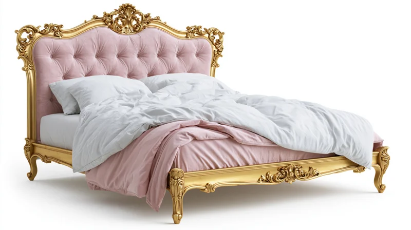 Ornate baroque-style king bed with tufted dusty pink velvet headboard and gold frame, isolated on white