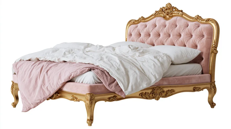 Baroque-style king bed with tufted dusty pink velvet headboard and gold frame, isolated on white