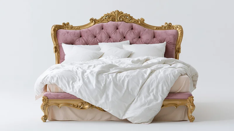 Baroque-style king bed with tufted dusty rose velvet headboard and gold frame, white bedding, isolated on white background