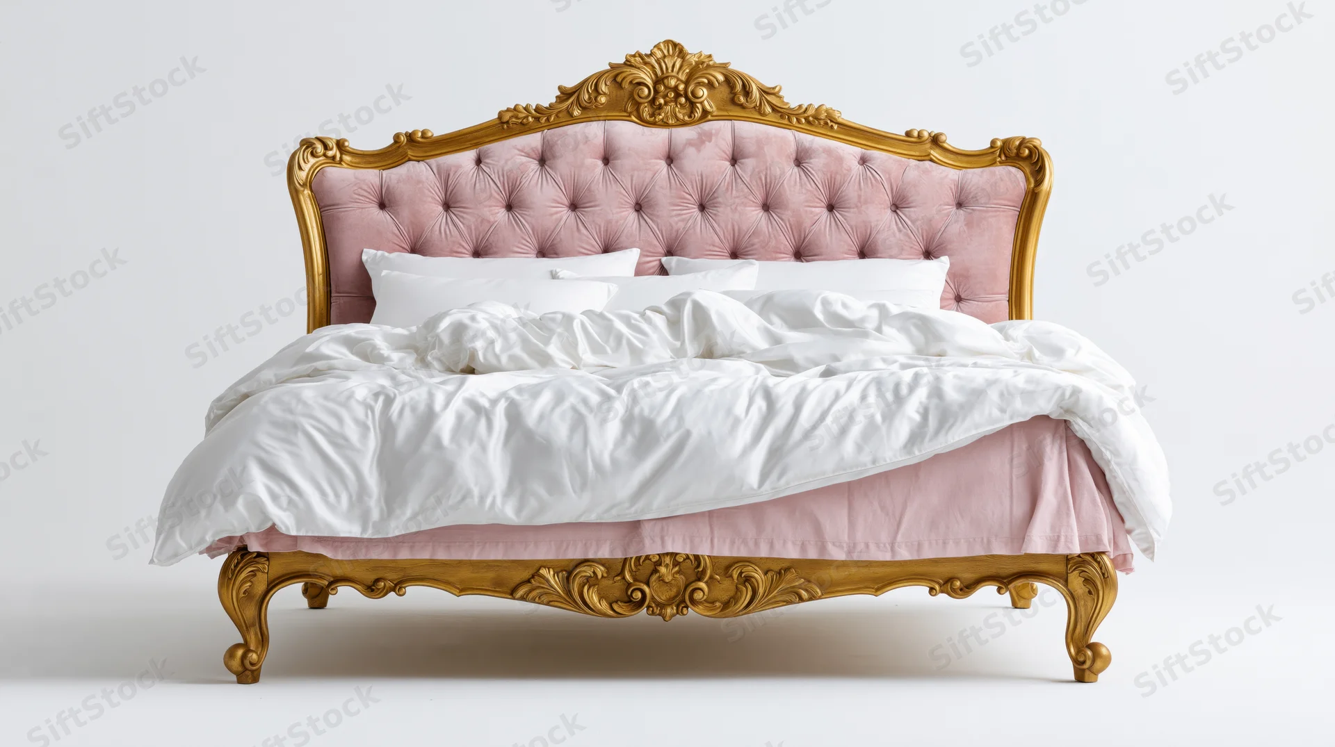 Baroque-style king bed with tufted dusty rose velvet headboard and white bedding on white background