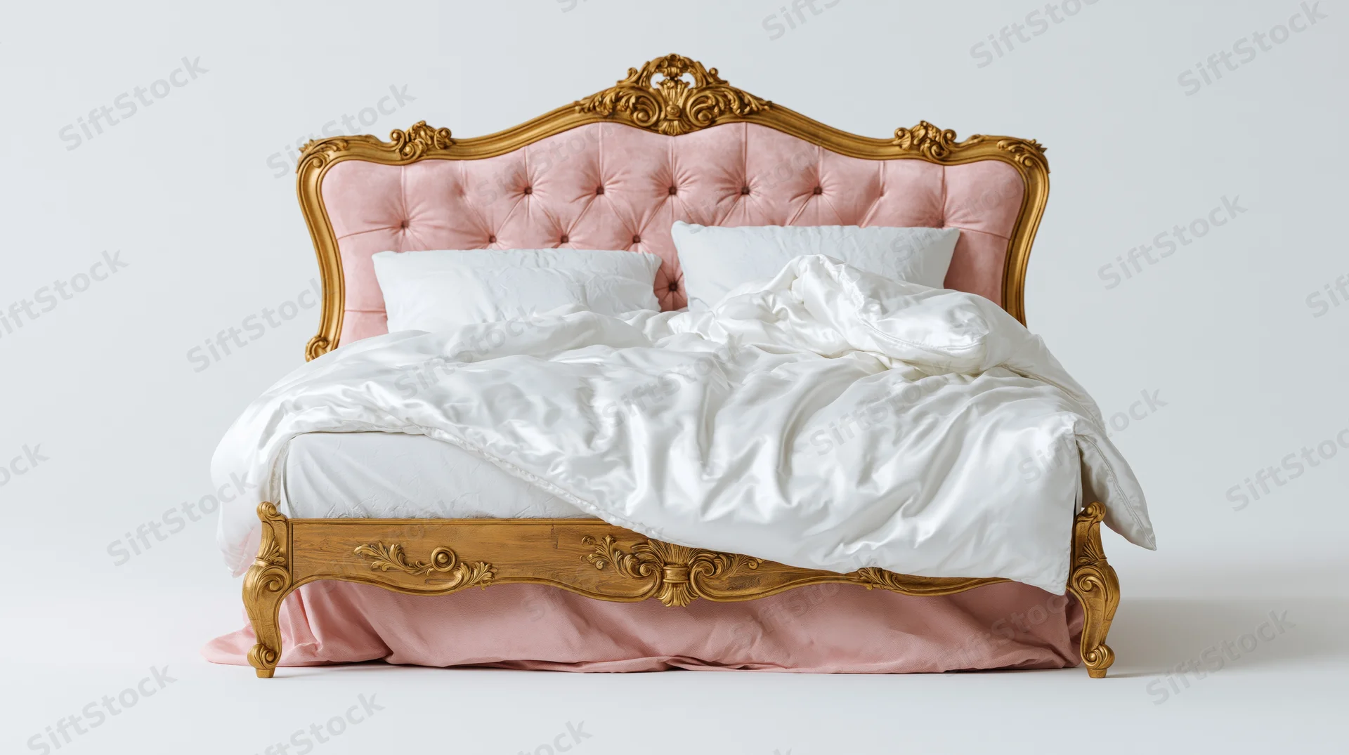 Baroque-style king bed with tufted dusty rose velvet headboard and gold frame, unmade with white bedding, isolated on white background