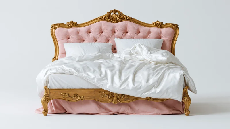 Baroque-style king bed with tufted dusty rose velvet headboard and gold frame, unmade with white bedding, isolated on white background