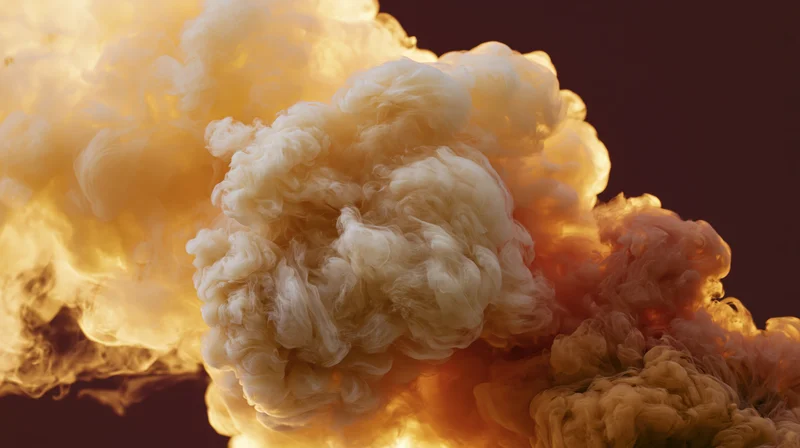 Billowing cream and amber smoke dispersing upward against a dark background