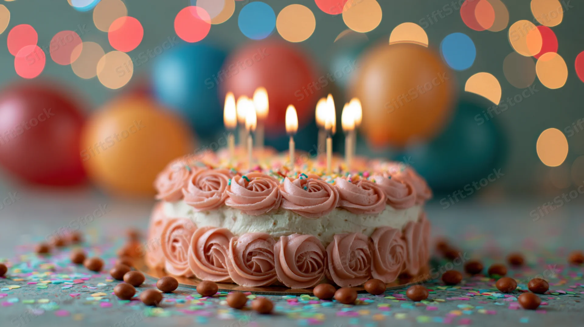 Birthday cake with lit candles and pink frosting swirls on a table with colorful balloons and confetti in the background