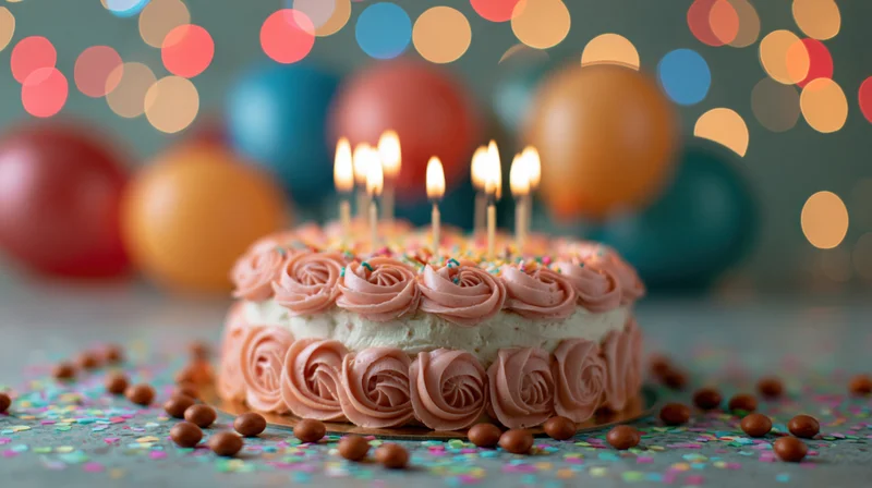 Birthday cake with lit candles and pink frosting swirls on a table with colorful balloons and confetti in the background