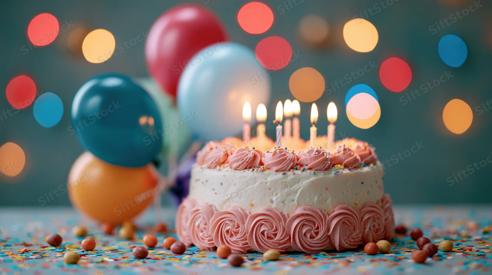 Birthday cake with lit candles and colorful balloons on a table covered in confetti