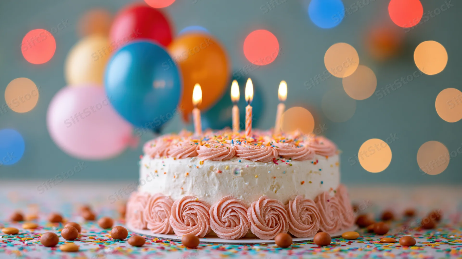 Birthday cake with lit candles and pink frosting swirls on a table with colorful balloons and bokeh lights in the background