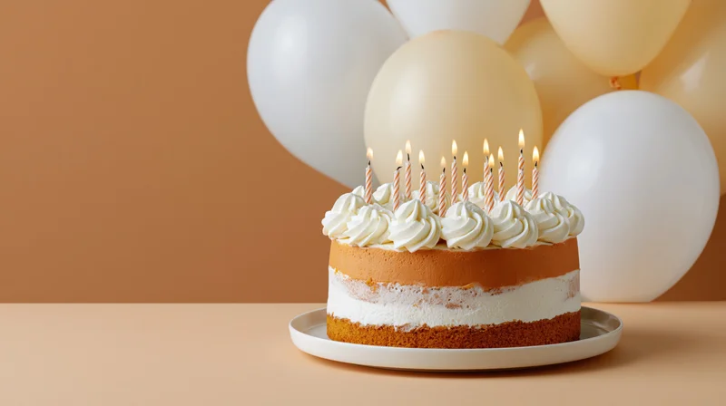 Birthday cake with lit candles on a white plate in front of balloons on a warm-toned background