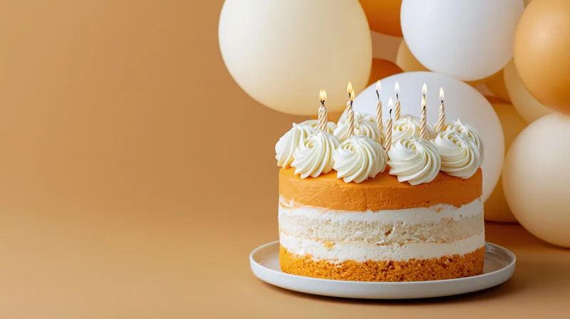 Birthday cake with lit candles on a white plate surrounded by balloons on a warm-toned background