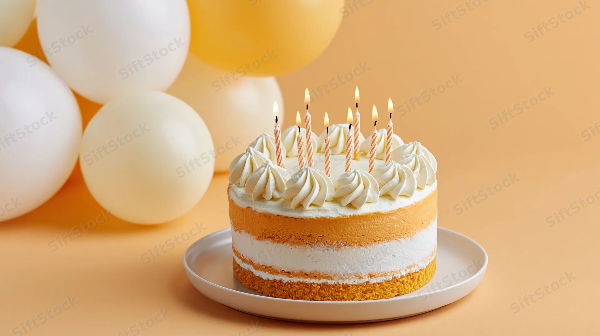 Birthday cake with lit candles on a white plate beside balloons on orange background