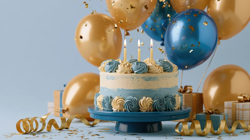 Birthday cake with lit candles on blue stand surrounded by balloons and gifts