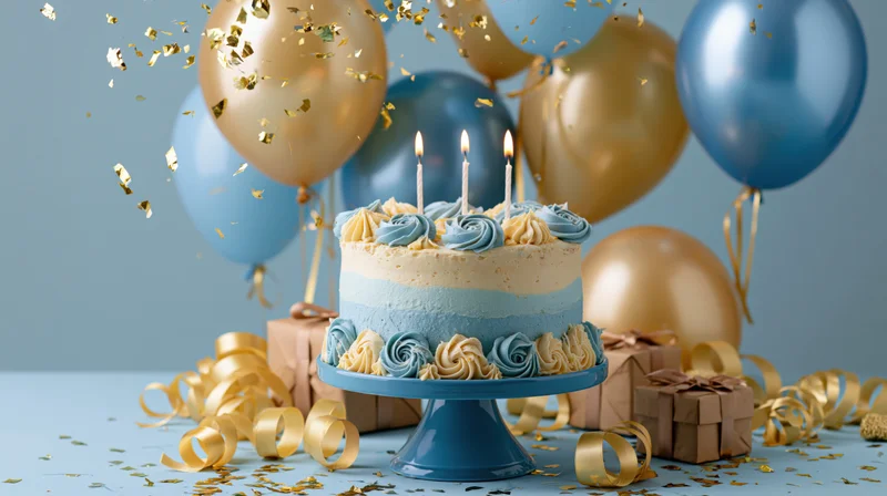Birthday cake with three lit candles on a blue cake stand surrounded by blue and gold balloons, gifts, and confetti