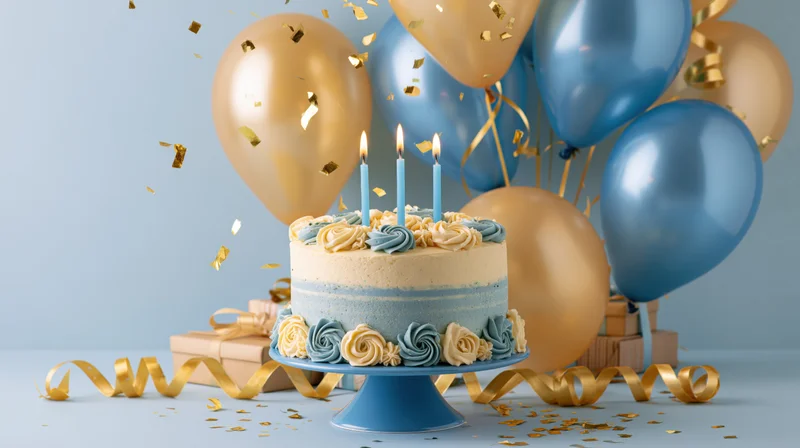 Birthday cake with three lit candles on a blue stand surrounded by blue and gold balloons and confetti