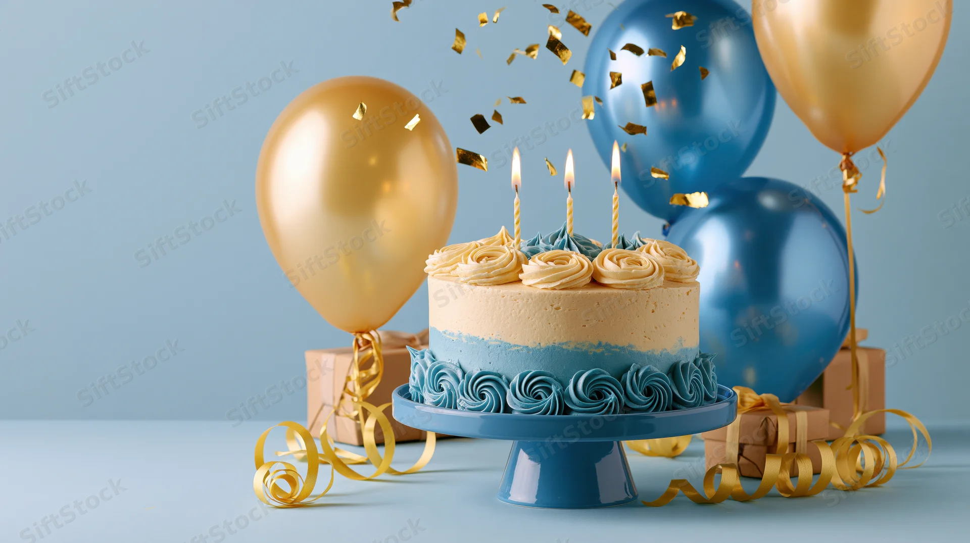 Birthday cake with three lit candles on a blue cake stand surrounded by gold and blue balloons, confetti, and gift boxes