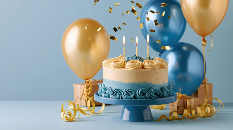 Birthday cake with three lit candles on a blue cake stand surrounded by gold and blue balloons, confetti, and gift boxes
