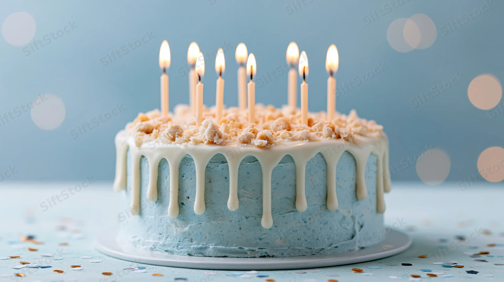 Blue birthday cake with white drip icing and nine lit candles on a plate surrounded by confetti