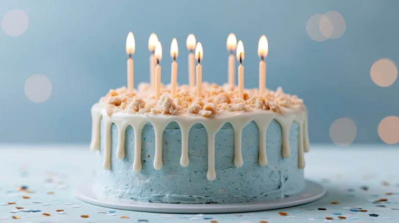 Blue birthday cake with white drip icing and nine lit candles on a plate surrounded by confetti