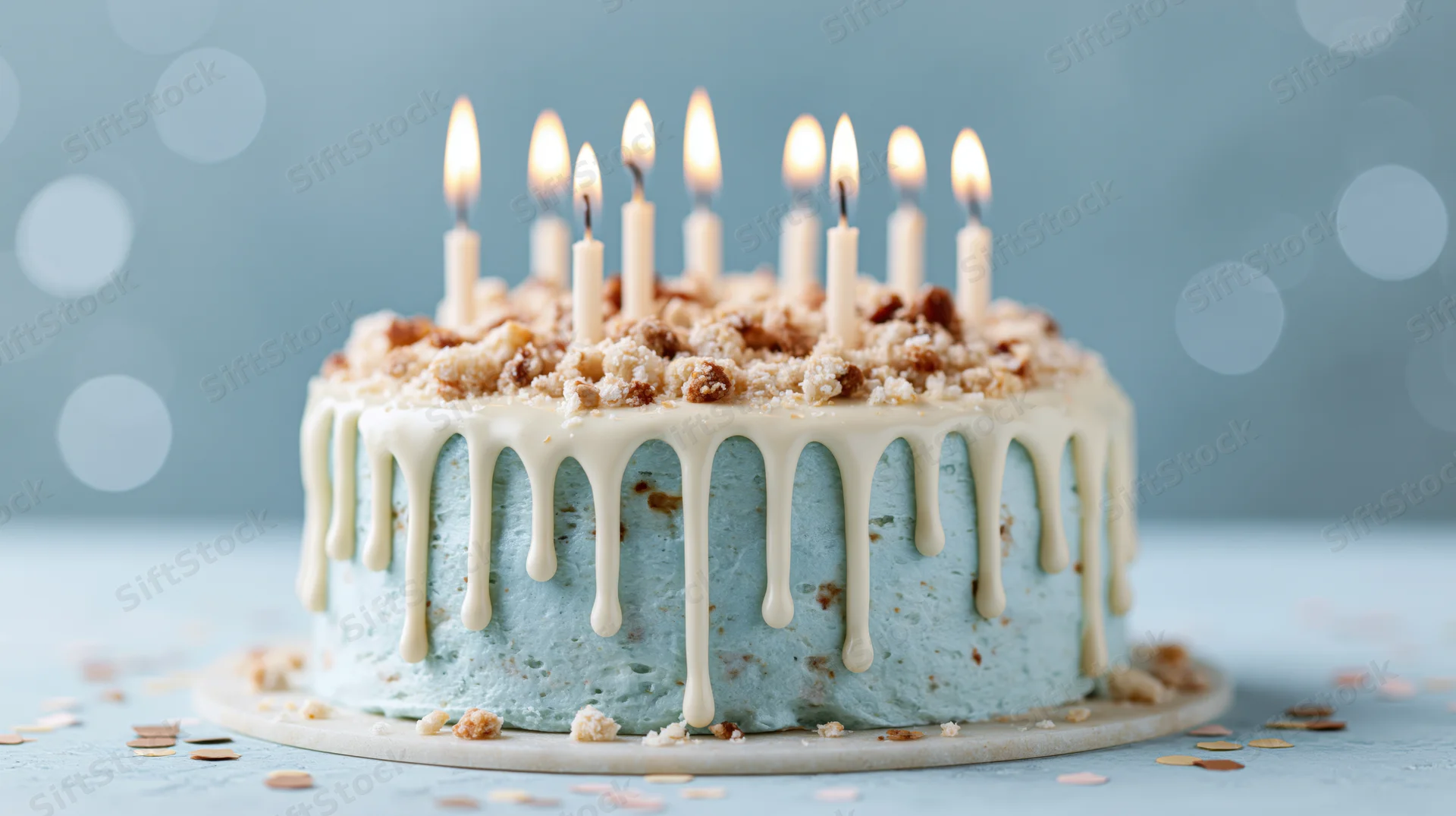 Blue birthday cake with white drip icing and nine lit candles on a plate with confetti