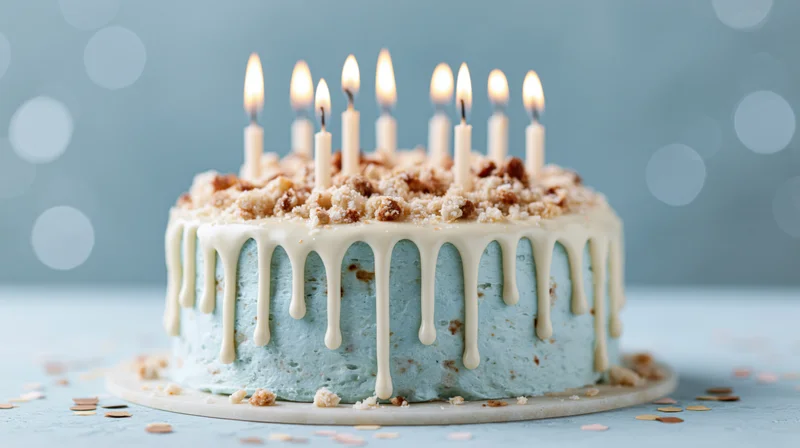 Blue birthday cake with white drip icing and nine lit candles on a plate with confetti