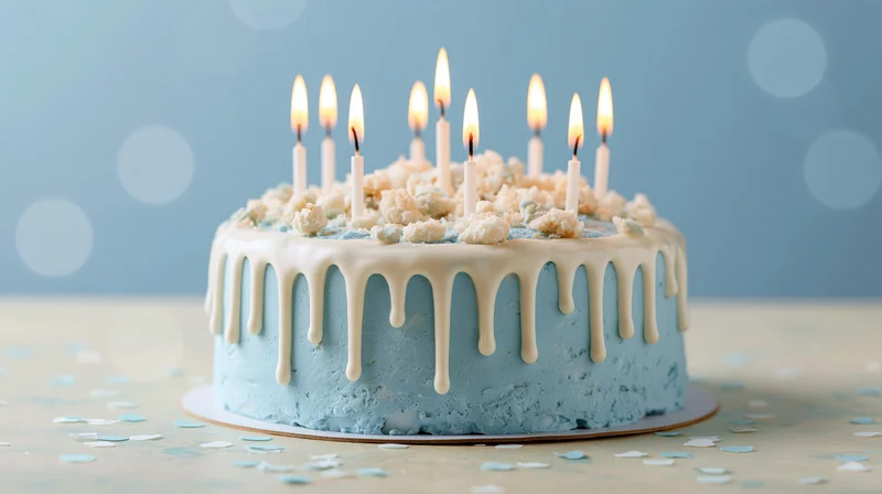 Blue birthday cake with white drip icing and nine lit candles on a table with confetti