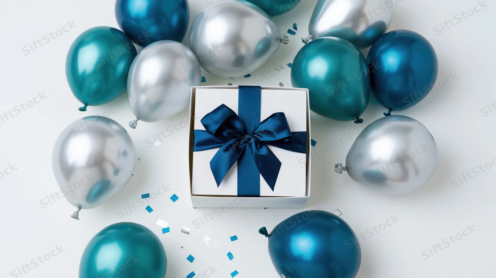 Open gift box with blue ribbon surrounded by blue and silver balloons and confetti on white surface