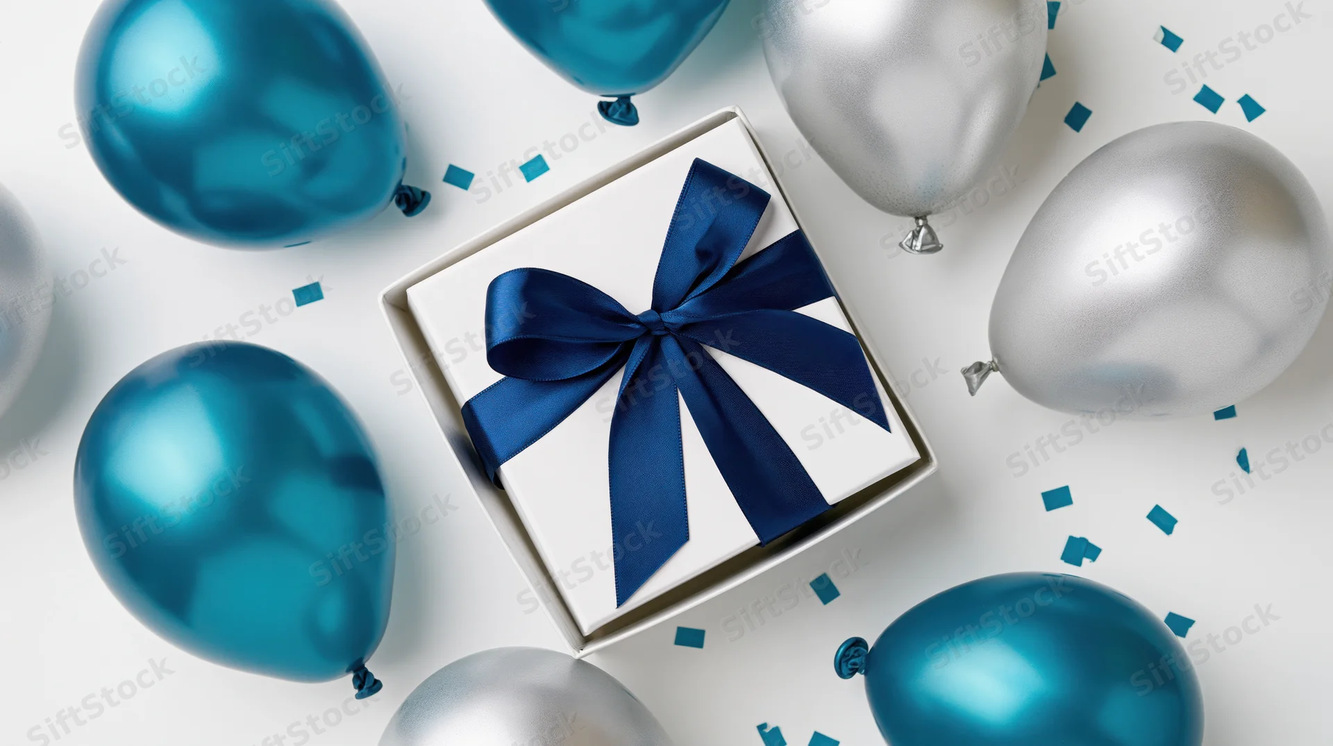 Open white gift box with blue ribbon surrounded by blue and silver balloons and confetti on white surface