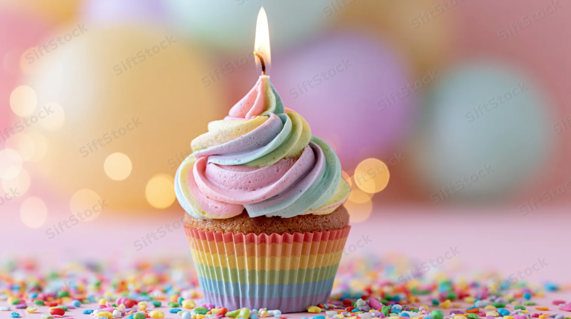 A birthday cupcake with rainbow frosting and a lit candle on a sprinkled surface with blurred balloons behind