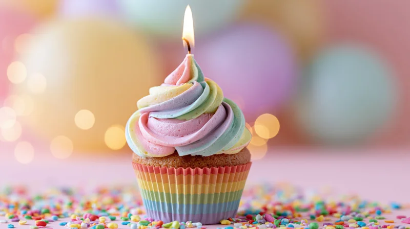 A birthday cupcake with rainbow frosting and a lit candle on a sprinkled surface with blurred balloons behind