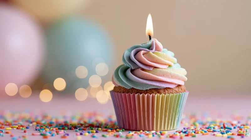 Birthday cupcake with lit candle and pastel rainbow frosting on a table with sprinkles and blurred balloons in the background
