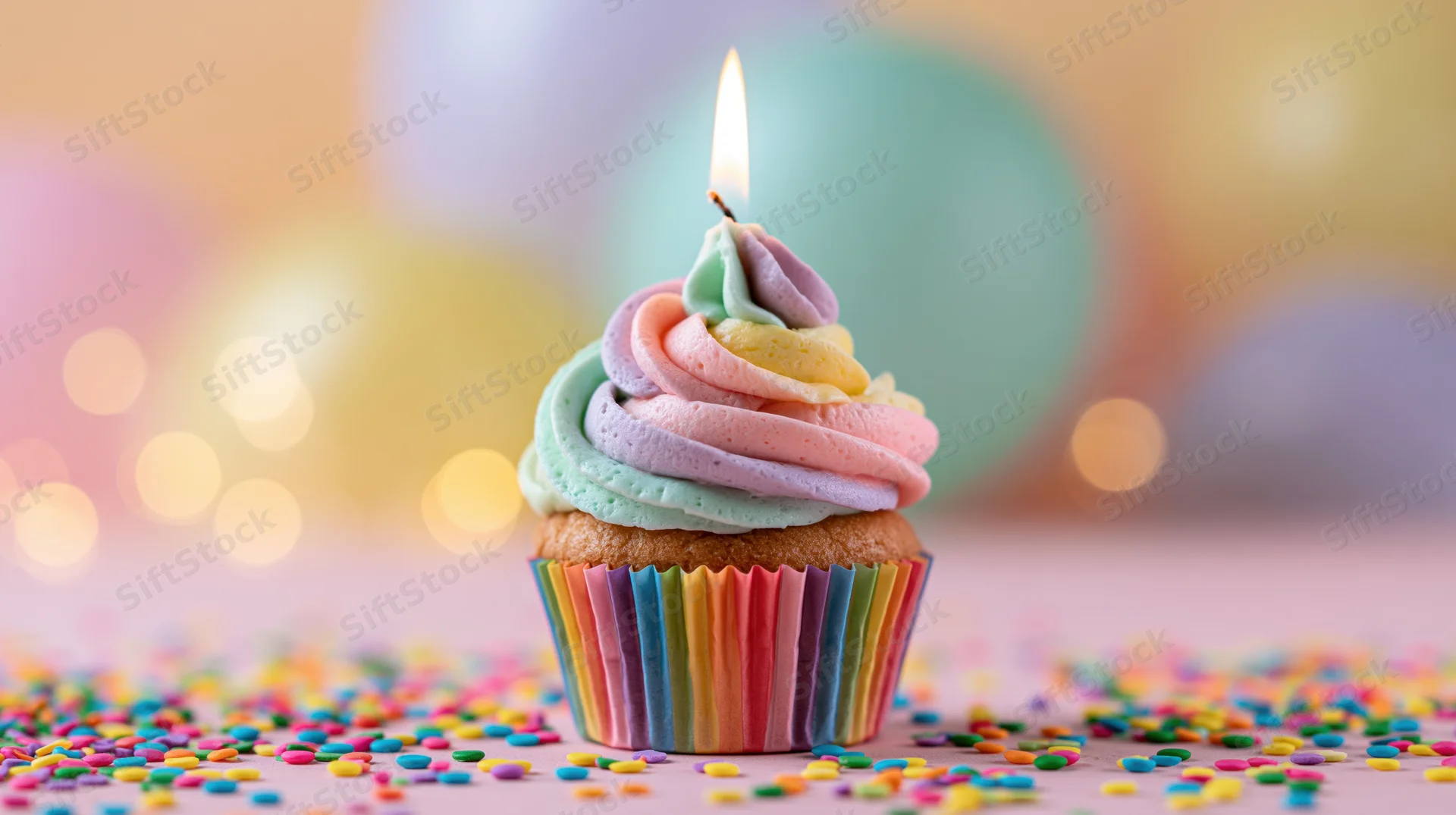 A cupcake with rainbow frosting and a lit candle surrounded by sprinkles on a pink surface with blurred balloons in the background