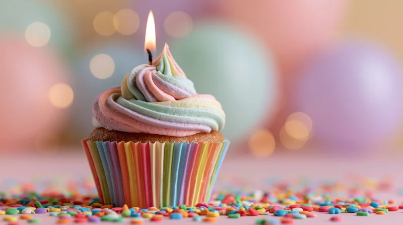 Birthday cupcake with lit candle and rainbow frosting on a table scattered with sprinkles, pastel balloons blurred in background