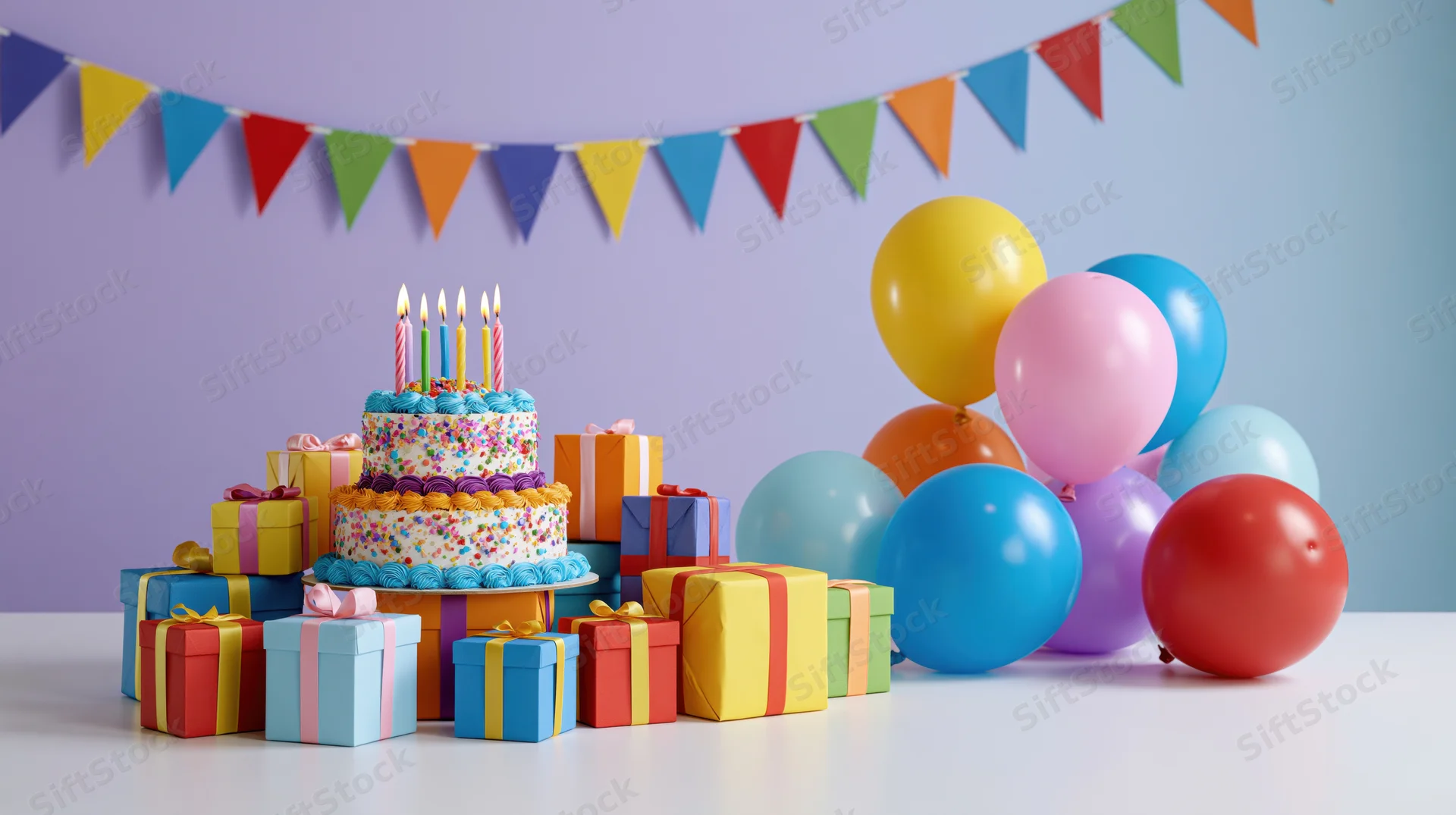 Tiered birthday cake with lit candles surrounded by colorful balloons and wrapped gifts on a white table under pastel bunting decorations