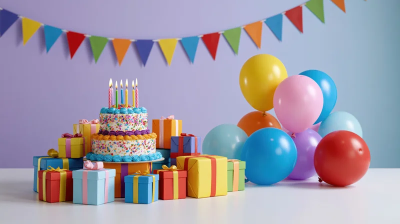 Tiered birthday cake with lit candles surrounded by colorful balloons and wrapped gifts on a white table under pastel bunting decorations