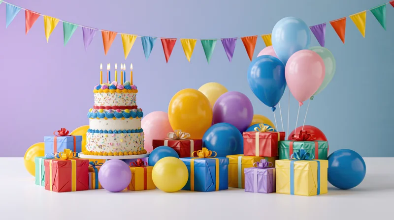 Tiered birthday cake with lit candles surrounded by colorful balloons and wrapped gifts on a table under festive bunting