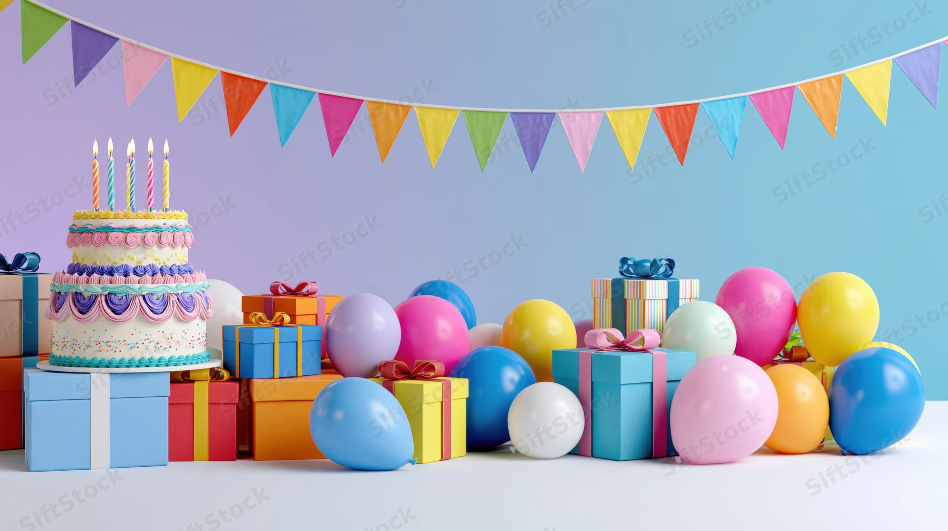 Tiered birthday cake with candles, colorful balloons and gift boxes under a rainbow banner on a pastel background