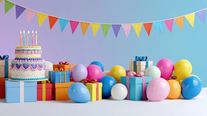 Tiered birthday cake with candles, colorful balloons and gift boxes under a rainbow banner on a pastel background