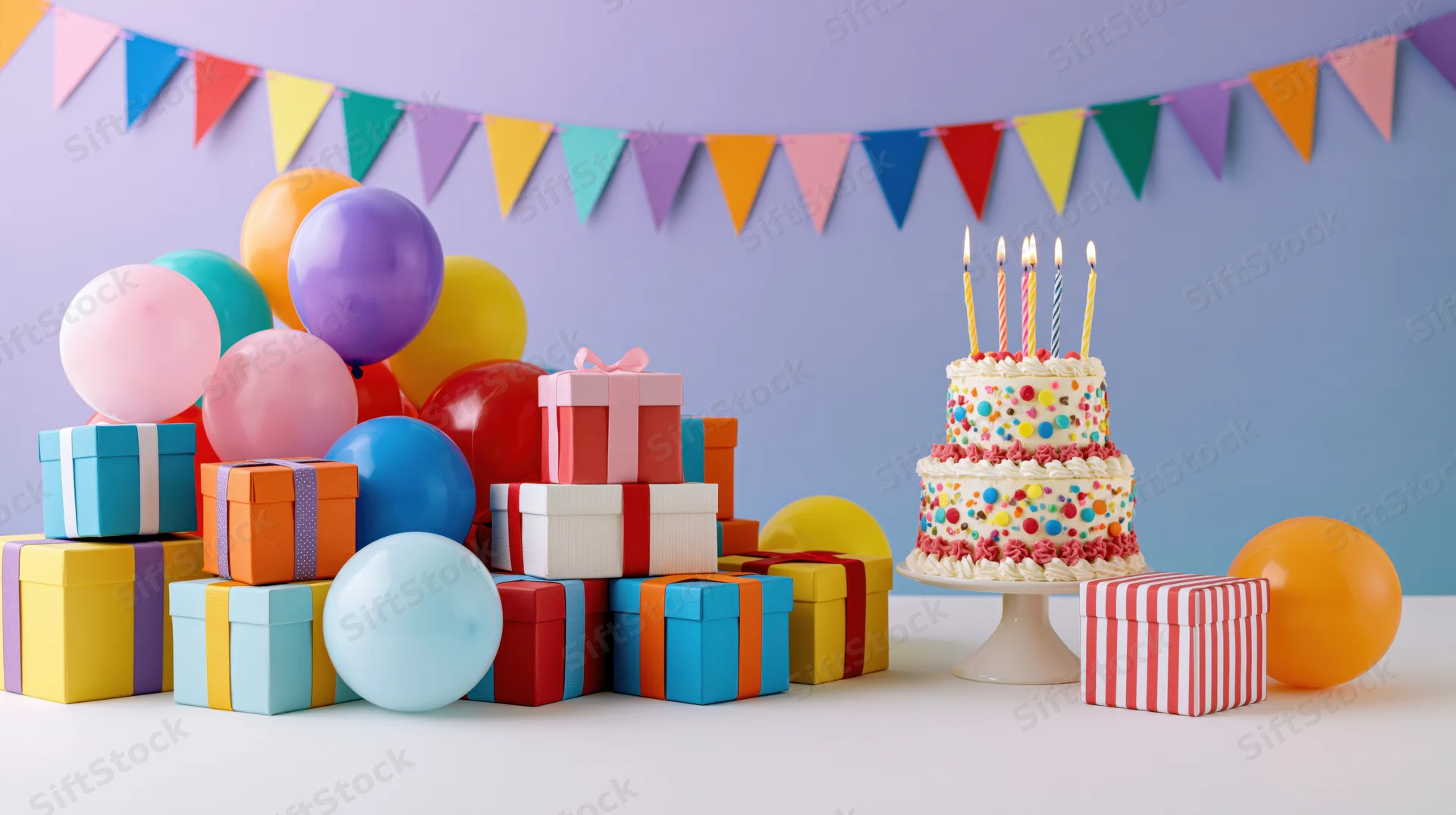 Tiered birthday cake with lit candles surrounded by colorful balloons and wrapped gifts on a white surface under pastel bunting flags