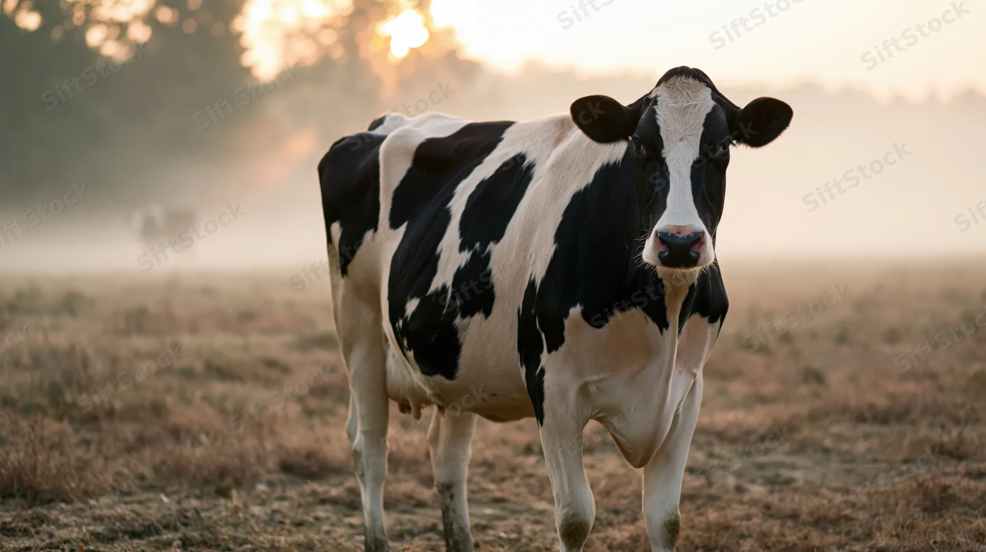 Black and white holstein cow standing in misty pasture at sunrise