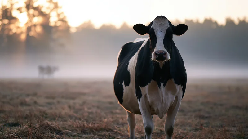 Black and white holstein cow standing in misty pasture at sunrise